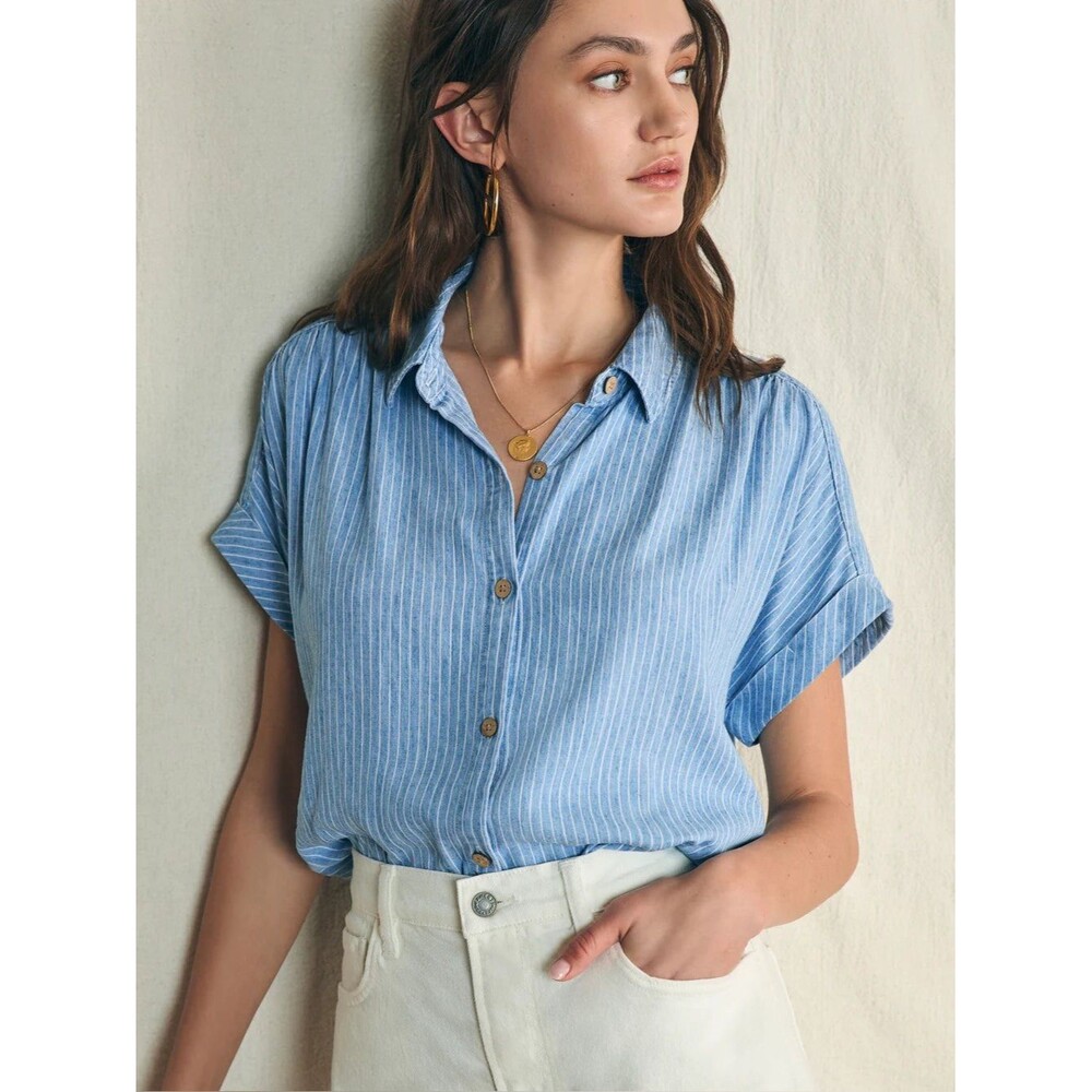 Faherty Breeze Relaxed Short Sleeve Shirt Sz L Blue & White Stripe Linen Blend